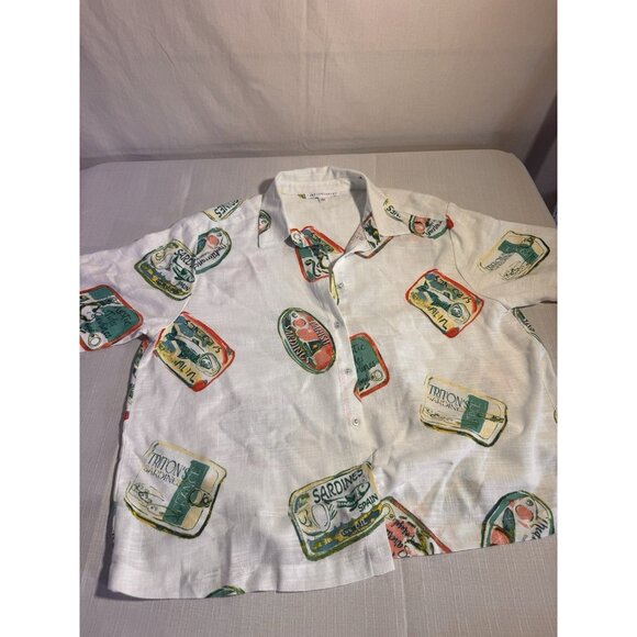 Jane + Delancey Sardine Print Shirt Women’s L Linen Blend Button Up - Picture 7 of 10